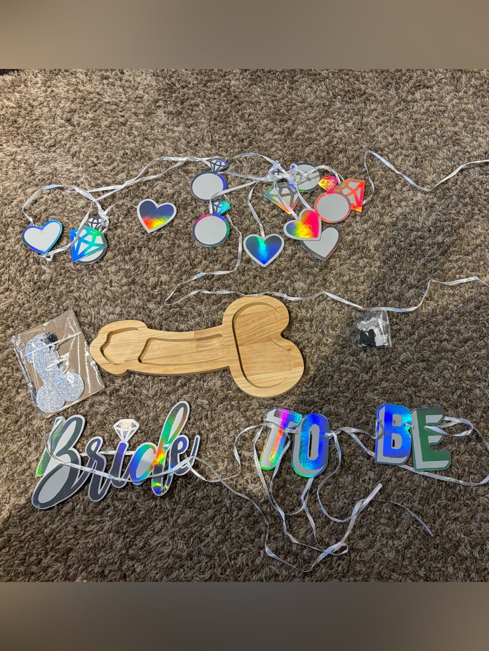 Bachelorette Party Supplies - Wooden Serving Tray, 3 banners, and confetti